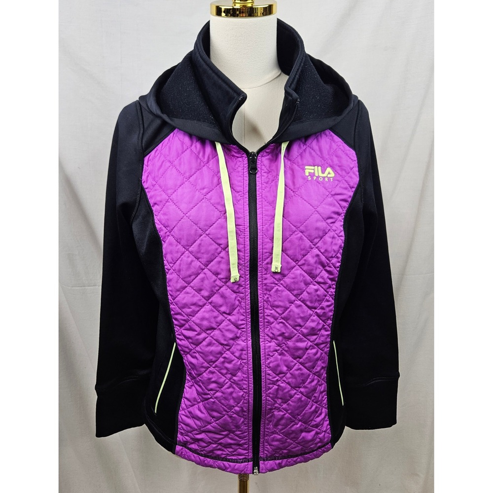 Fila Sport‎ Womens Quilted Full Zip Hoodie Jacket Purple Black Lime Green M